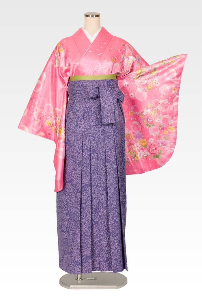 着物】ピンクシャボン+【袴】総柄ブルー│27,500円で安心・安全！卒業