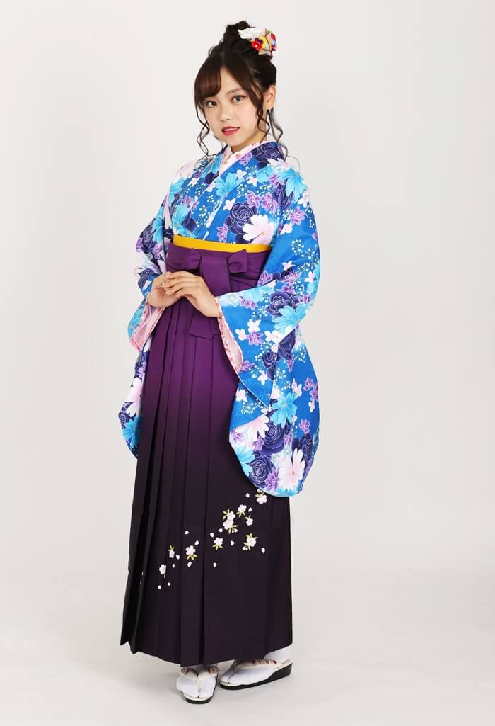 着物スタイルドレス 青紫色 花柄 袴　150cm 着物】ブルーバラにコスモス+【袴】ムラサキボカシシシュウ│27,500円