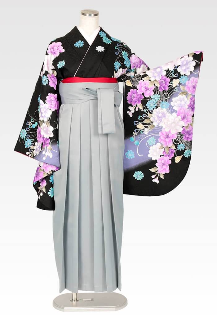 着物】anan黒×紫牡丹流泉+【袴】ホワイトグレー│27,500円で安心・安全