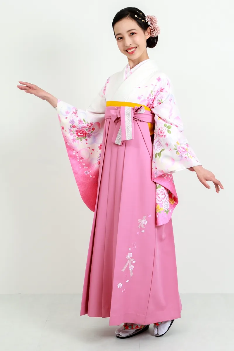 着物】白シャボン+【袴】ピンクレースリボン│27,500円で安心・安全 