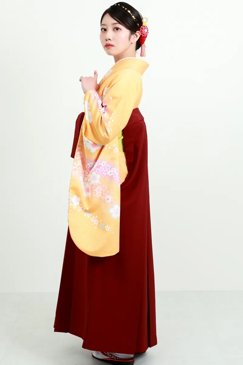 着物】キイロにフジピンクサクラ+【袴】エンジ│27,500円で安心・安全