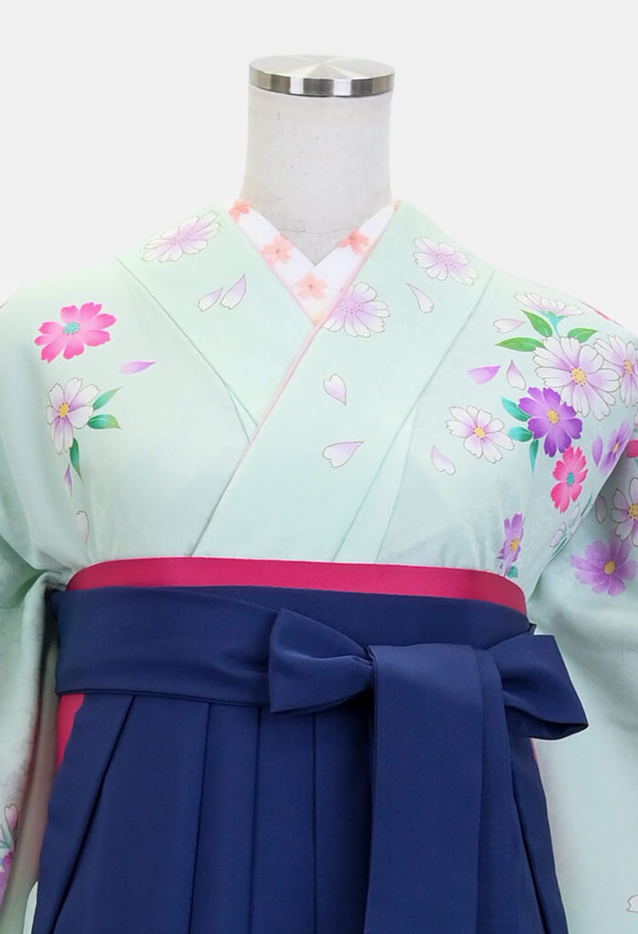【卒業式袴レンタル/人気/安い/大学生/通販レンタル】かわいいガーリー清楚華やか(オシャレ)　薄緑/ピンク/紺　DDD783_KON006